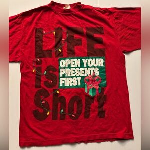 Vintage men’s holiday shirt life is short open presents